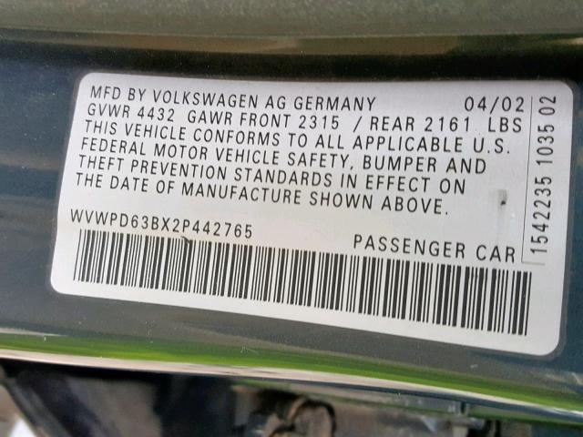 WVWPD63BX2P442765 - 2002 VOLKSWAGEN PASSAT GLS GRAY photo 10