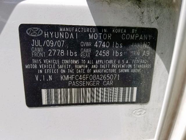 KMHFC46F08A265071 - 2008 HYUNDAI AZERA SE WHITE photo 10