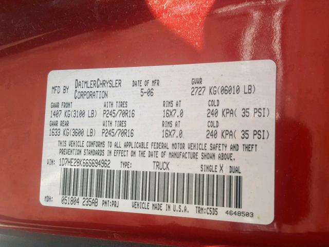 1D7HE28K66S694962 - 2006 DODGE DAKOTA QUA RED photo 10