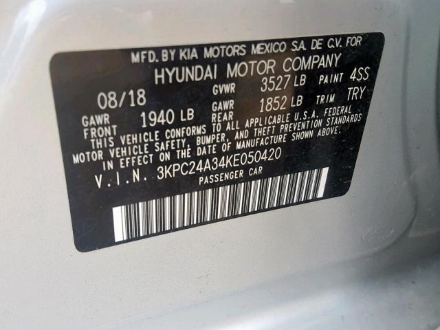 3KPC24A34KE050420 - 2019 HYUNDAI ACCENT SE SILVER photo 10