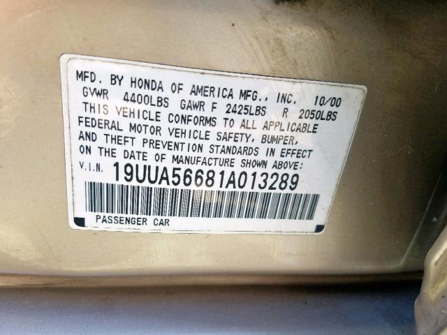 19UUA56681A013289 - 2001 ACURA 3.2TL GOLD photo 10