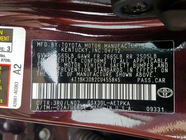 4T1BK3DB2CU455845 - 2012 TOYOTA AVALON BAS BURGUNDY photo 10