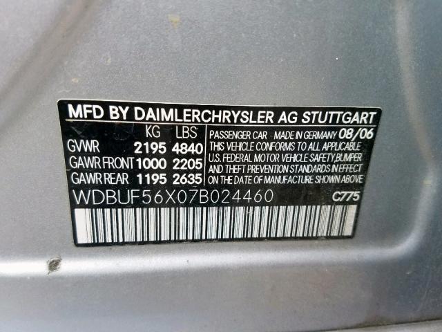 WDBUF56X07B024460 - 2007 MERCEDES-BENZ E 350 SILVER photo 10