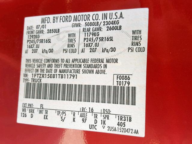 1FTZR15E81TB11791 - 2001 FORD RANGER SUP RED photo 10