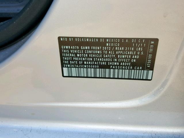 3VW2K7AJ3CM350899 - 2012 VOLKSWAGEN JETTA BASE Արծաթագույն լուսանկար 10