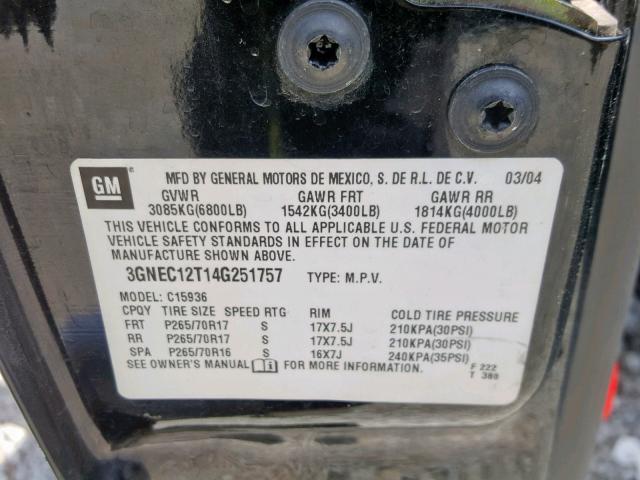 3GNEC12T14G251757 - 2004 CHEVROLET AVALANCHE BLACK photo 10