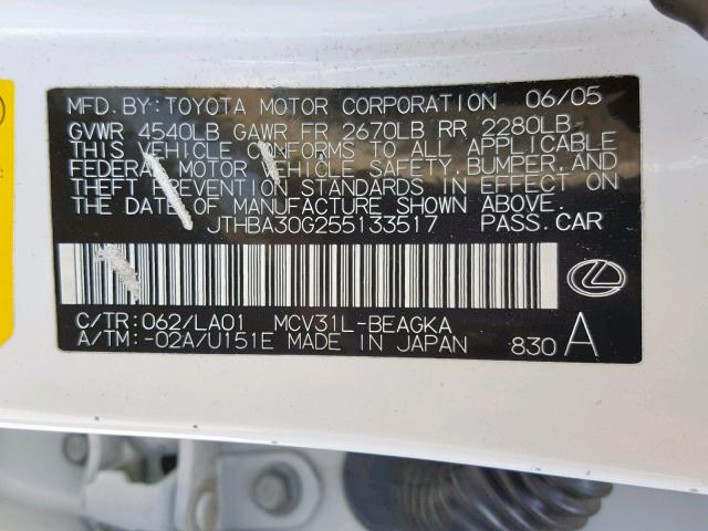 JTHBA30G255133517 - 2005 LEXUS ES 330 WHITE photo 10