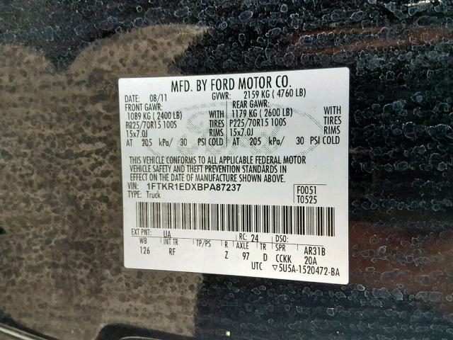 1FTKR1EDXBPA87237 - 2011 FORD RANGER SUP BLACK photo 10