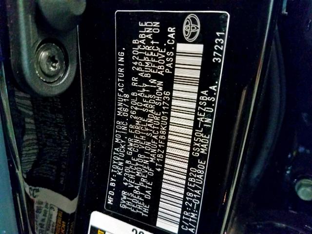 4T1BZ1FB8KU011736 - 2019 TOYOTA AVALON XLE BLACK photo 10