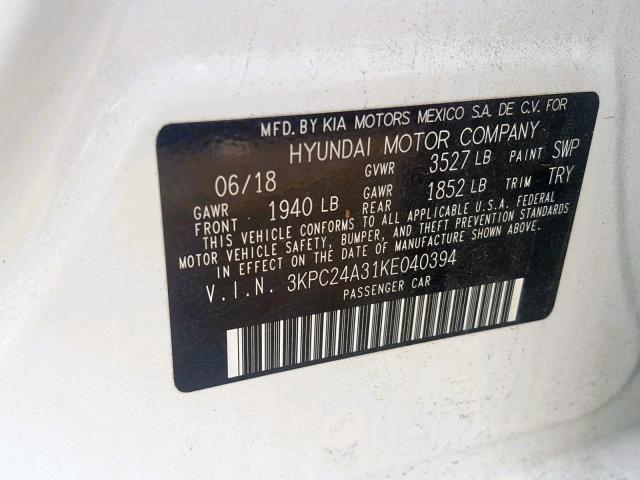 3KPC24A31KE040394 - 2019 HYUNDAI ACCENT SE WHITE photo 10