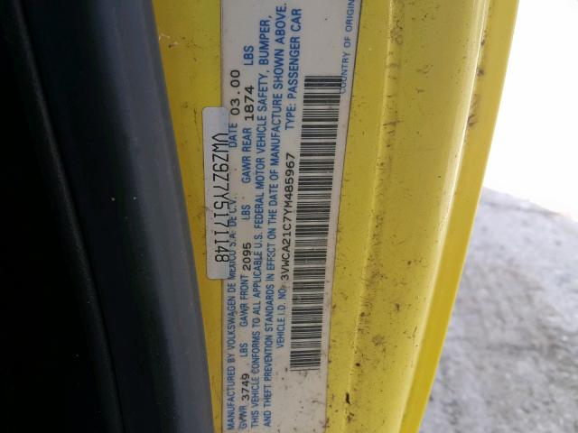 3VWCA21C7YM485967 - 2000 VOLKSWAGEN NEW BEETLE ყვითელი ფოტო 10