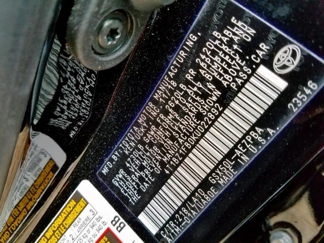 4T1BZ1FB0KU022892 - 2019 TOYOTA AVALON XLE BLACK photo 10