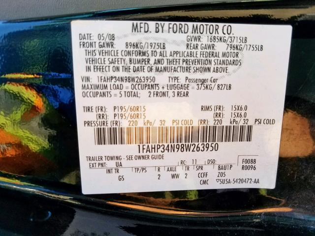 1FAHP34N98W263950 - 2008 FORD FOCUS S/SE BLACK photo 10