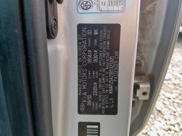 KNAFU5A21B5325321 - 2011 KIA FORTE EX SILVER photo 10