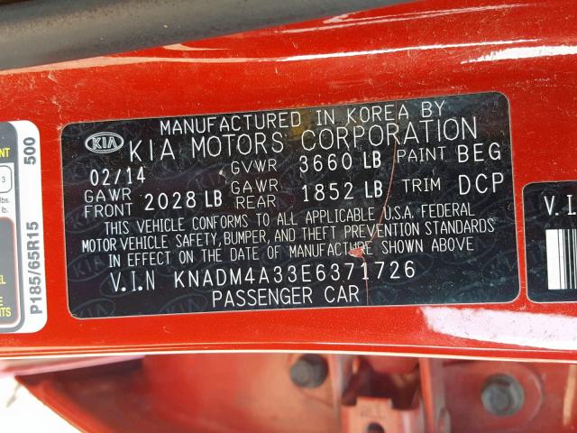 KNADM4A33E6371726 - 2014 KIA RIO LX RED photo 10