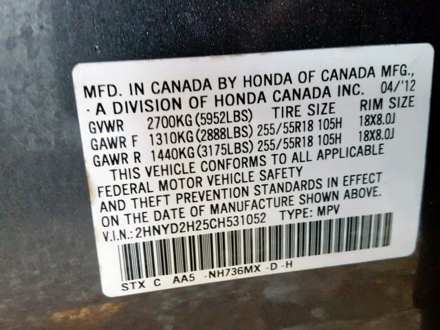 2HNYD2H25CH531052 - 2012 ACURA MDX GRAY photo 10