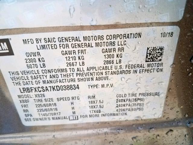 LRBFXCSA7KD038834 - 2019 BUICK ENVISION E CHARCOAL photo 10