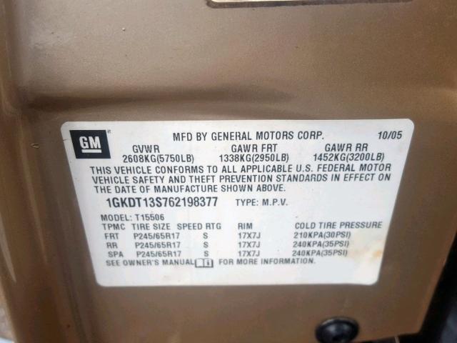 1GKDT13S762198377 - 2006 GMC ENVOY GOLD photo 10