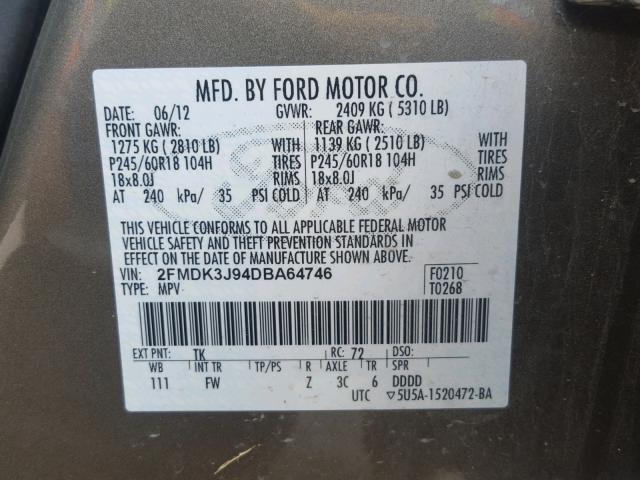 2FMDK3J94DBA64746 - 2013 FORD EDGE SEL GRAY photo 10