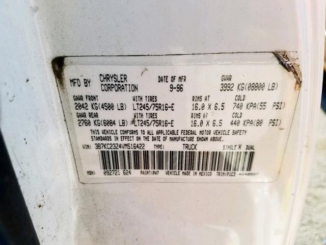 3B7KC23Z4VM516422 - 1997 DODGE RAM 2500 WHITE photo 10