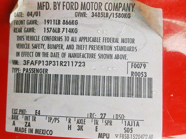 3FAFP13P31R211723 - 2001 FORD ESCORT RED photo 10