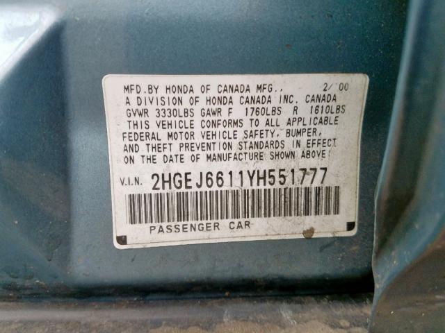 2HGEJ6611YH551777 - 2000 HONDA CIVIC BASE BLUE photo 10