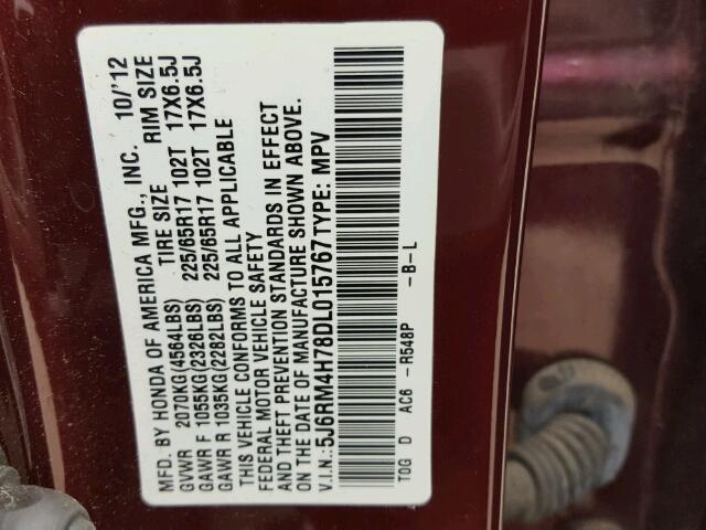 5J6RM4H78DL015767 - 2013 HONDA CR-V EXL BURGUNDY photo 10