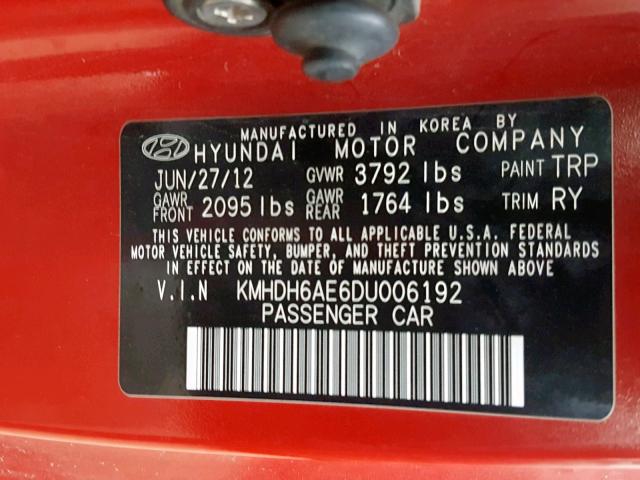 KMHDH6AE6DU006192 - 2013 HYUNDAI ELANTRA CO RED photo 10