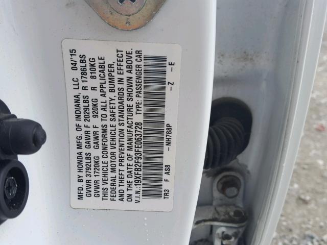 19XFB2F93FE063728 - 2015 HONDA CIVIC EXL 白色 照片 10