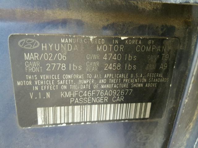 KMHFC46F76A092677 - 2006 HYUNDAI AZERA SE BLUE photo 10