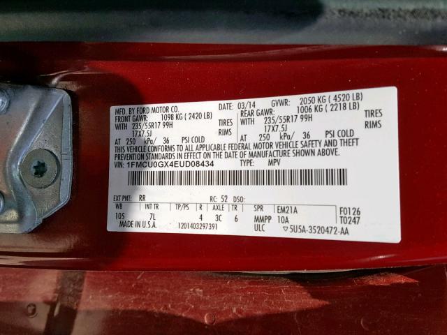 1FMCU0GX4EUD08434 - 2014 FORD ESCAPE SE RED photo 10