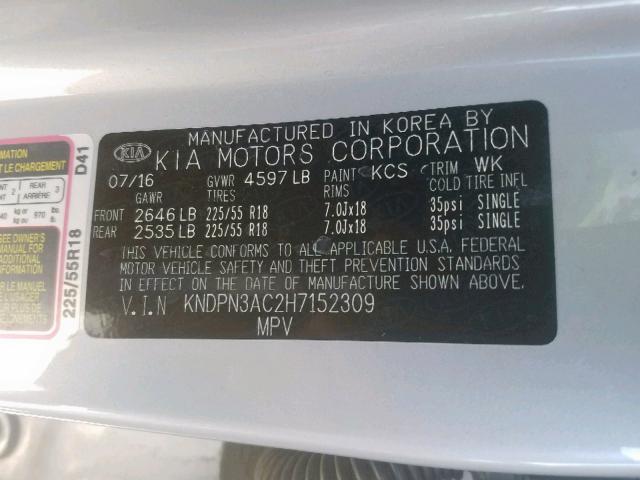 KNDPN3AC2H7152309 - 2017 KIA SPORTAGE E SILVER photo 10