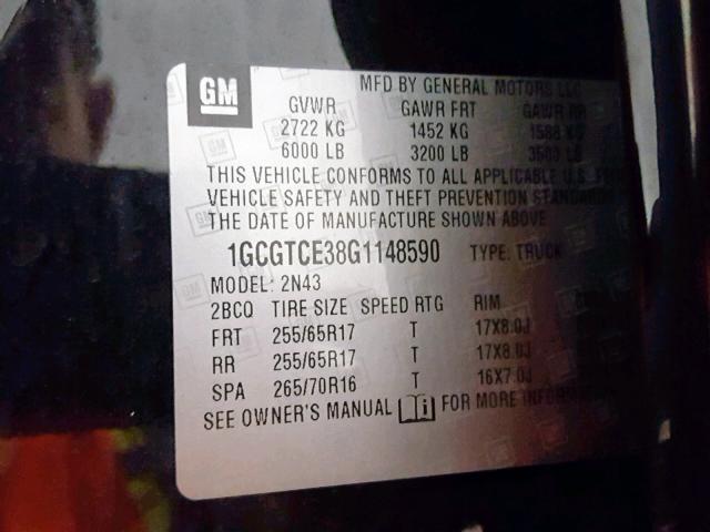 1GCGTCE38G1148590 - 2016 CHEVROLET COLORADO L BLACK photo 10
