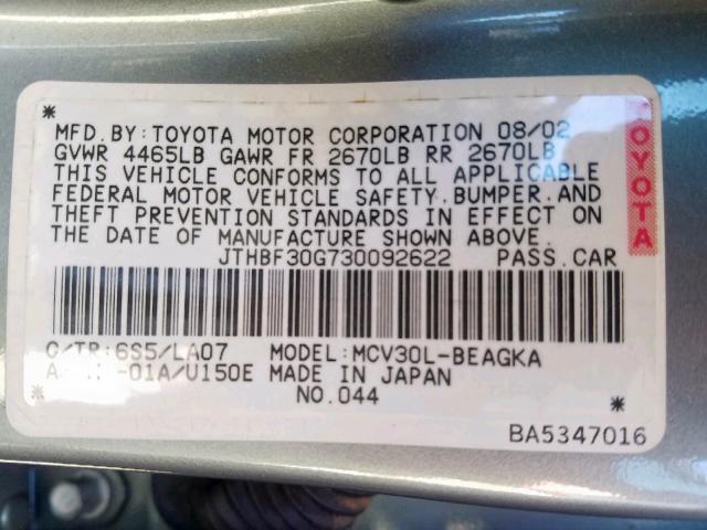 JTHBF30G730092622 - 2003 LEXUS ES 300 GREEN photo 10