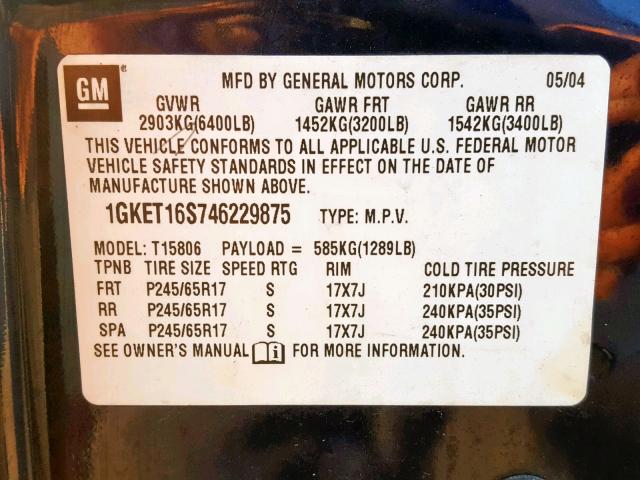 1GKET16S746229875 - 2004 GMC ENVOY XL BLUE photo 10