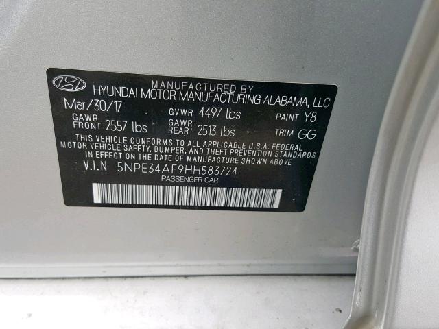 5NPE34AF9HH583724 - 2017 HYUNDAI SONATA SPO SILVER photo 10