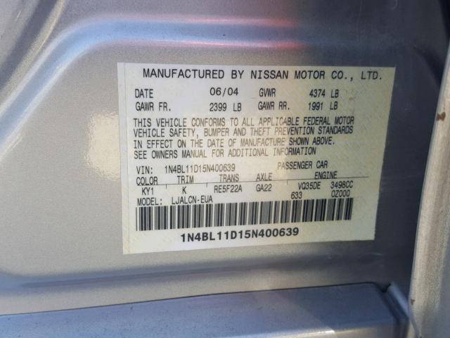 1N4BL11D15N400639 - 2005 NISSAN ALTIMA SE GRAY photo 10