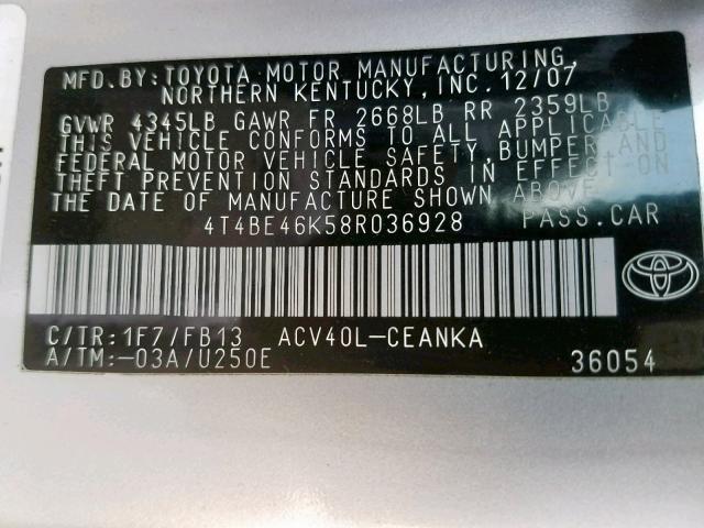 4T4BE46K58R036928 - 2008 TOYOTA CAMRY CE SILVER photo 10