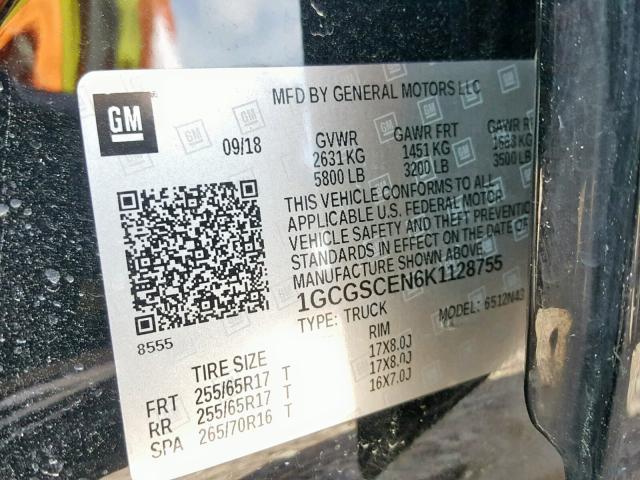 1GCGSCEN6K1128755 - 2019 CHEVROLET COLORADO L BLACK photo 10