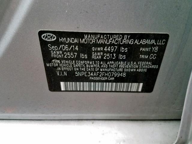 5NPE34AF2FH079948 - 2015 HYUNDAI SONATA SPO SILVER photo 10