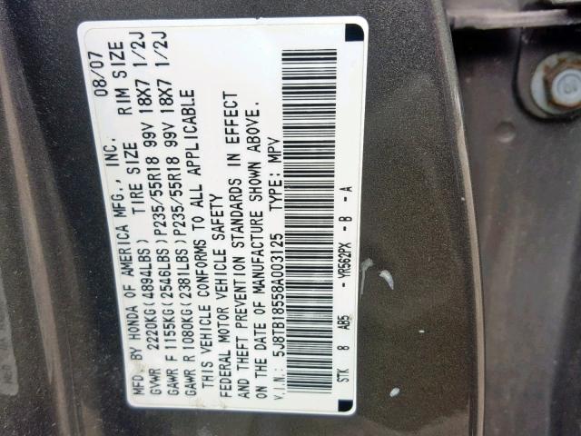 5J8TB18558A003125 - 2008 ACURA RDX TECHNO TAN photo 10