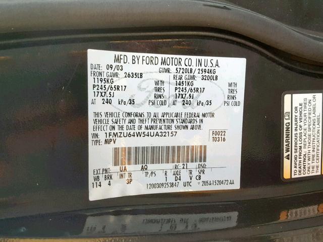 1FMZU64W54UA32157 - 2004 FORD EXPLORER E BLACK photo 10