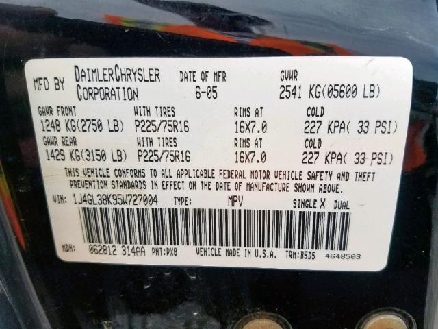 1J4GL38K95W727004 - 2005 JEEP LIBERTY RE BLACK photo 10