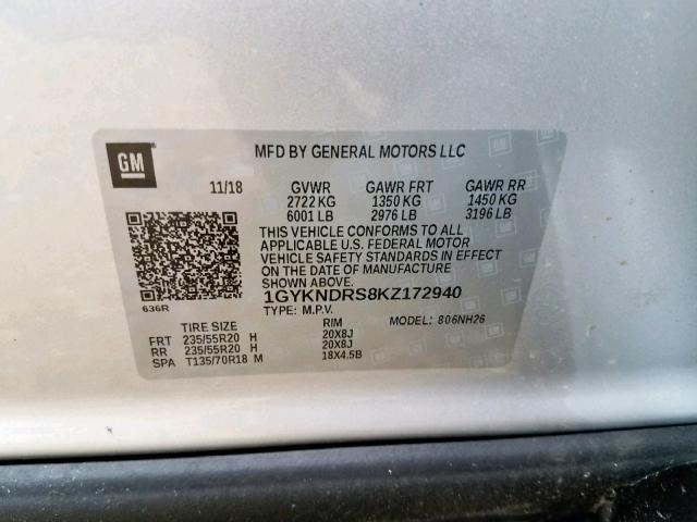 1GYKNDRS8KZ172940 - 2019 CADILLAC XT5 LUXURY SILVER photo 10