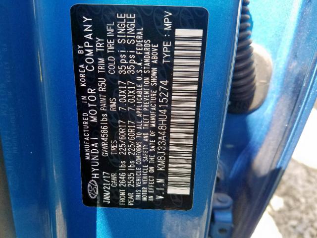 KM8J33A48HU415274 - 2017 HYUNDAI TUCSON LIM BLUE photo 10