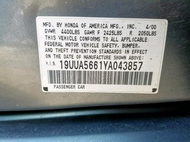 19UUA5661YA043857 - 2000 ACURA 3.2TL GRAY photo 10