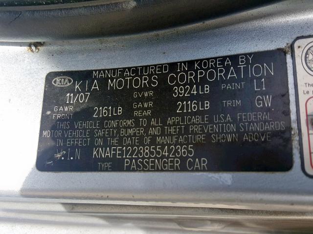 KNAFE122385542365 - 2008 KIA SPECTRA EX BLUE photo 10