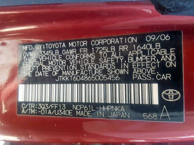 JTKKT604865005456 - 2006 TOYOTA SCION XA BURGUNDY photo 10