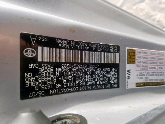 JTKDE167780249283 - 2008 TOYOTA SCION TC ვერცხლისფერი ფოტო 10