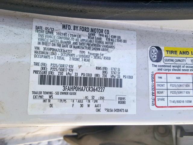 3FAHP0HA7CR364227 - 2012 FORD FUSION SE WHITE photo 10